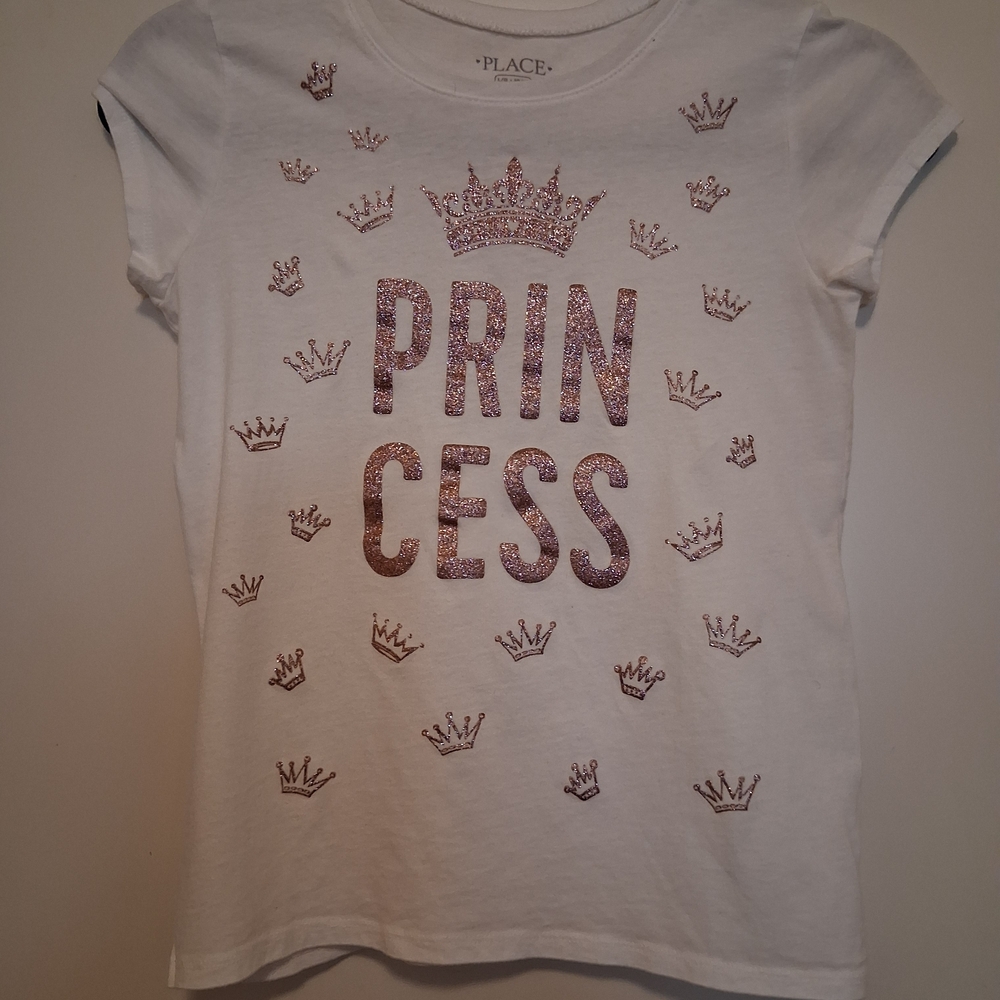 The Children's Place White Tee with Pink Glitter Crown Design Size LG (10/12)